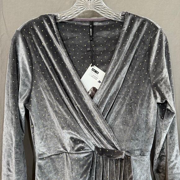 NWT Smash! Okaina Grey Velvet Wrap Dress Gold Dots Velvetcore Women's Small - Picture 2 of 16